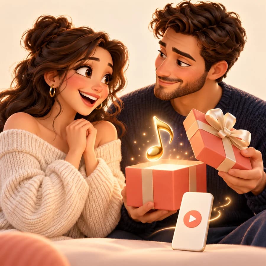 A couple handing over a musical gift — 3D illustration